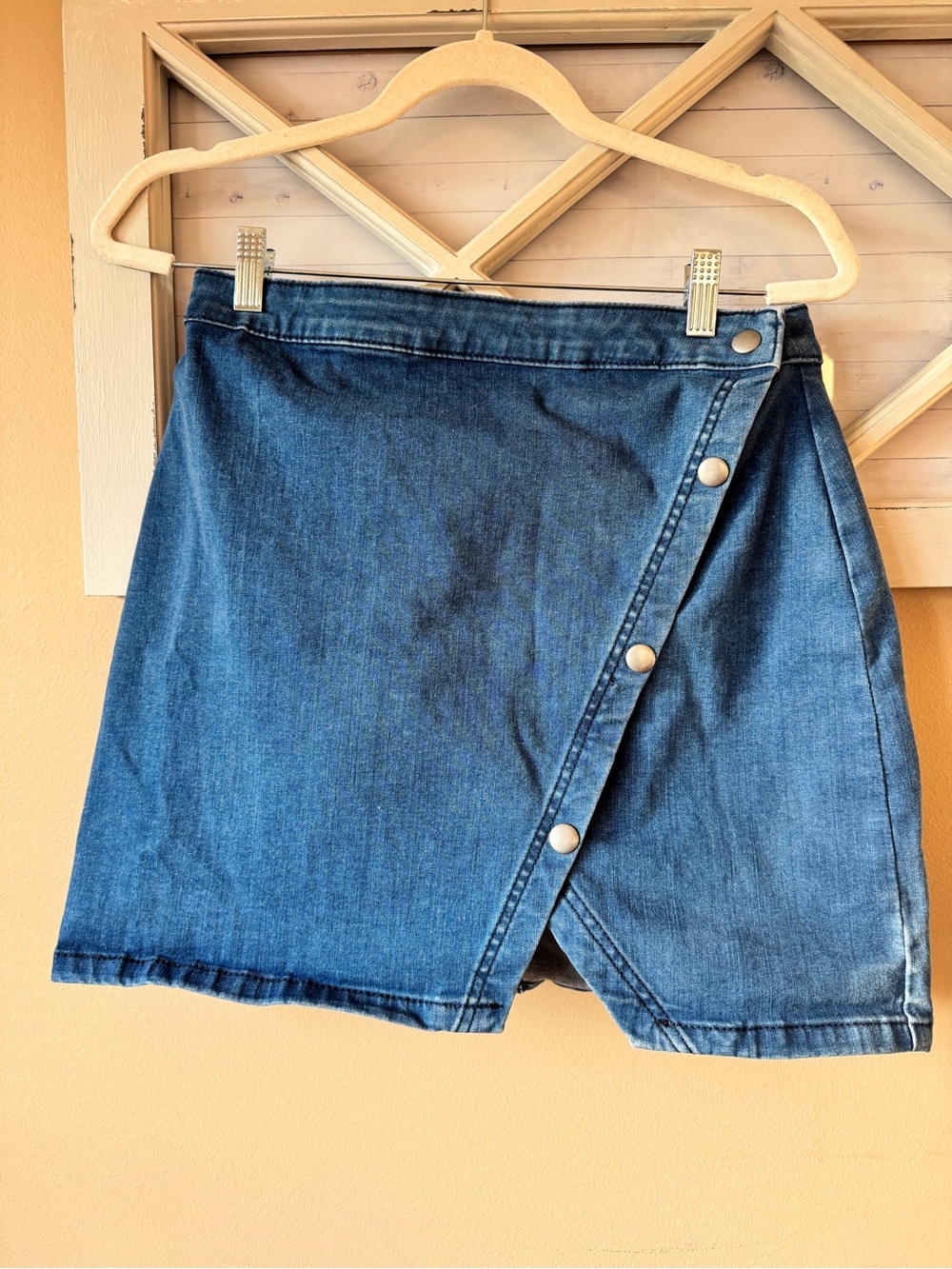 Free People We the Free Skirt Womens 12 Denim Mini Jean Cross Front Snaps